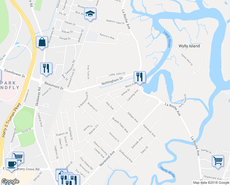 map of restaurants, bars, coffee shops, grocery stores, and more near 34 Neva Avenue in Savannah