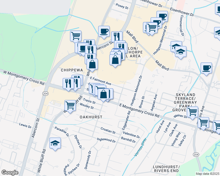 map of restaurants, bars, coffee shops, grocery stores, and more near 103 East Fairmont Avenue in Savannah