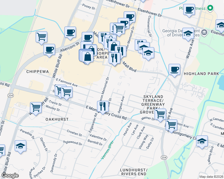 map of restaurants, bars, coffee shops, grocery stores, and more near 302 Eugene Street in Savannah