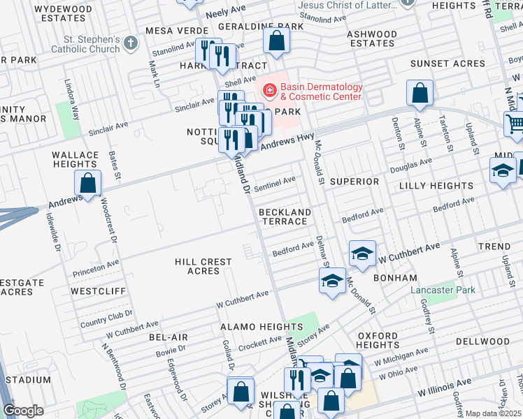 map of restaurants, bars, coffee shops, grocery stores, and more near 4318 Douglas Avenue in Midland