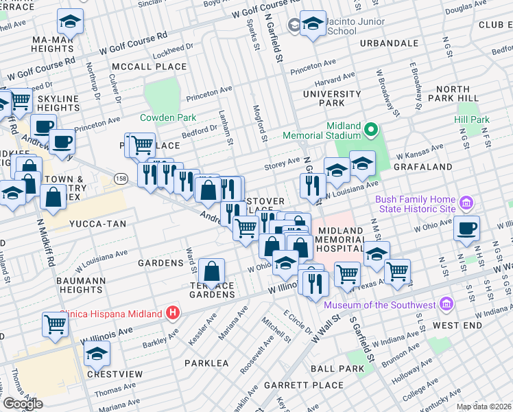 map of restaurants, bars, coffee shops, grocery stores, and more near 2405 West Kansas Avenue in Midland