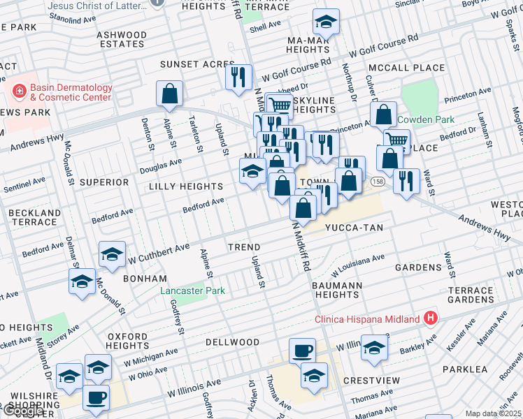 map of restaurants, bars, coffee shops, grocery stores, and more near 1007 Austin Street in Midland