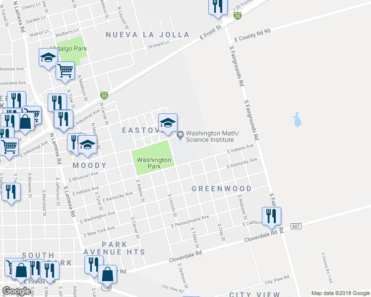 map of restaurants, bars, coffee shops, grocery stores, and more near 1800 East Wall Street in Midland