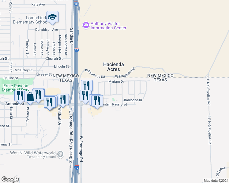 map of restaurants, bars, coffee shops, grocery stores, and more near 624 Inez Place in Anthony