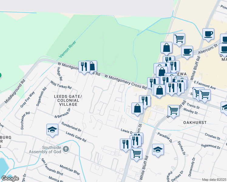 map of restaurants, bars, coffee shops, grocery stores, and more near 201 West Montgomery Cross Road in Savannah