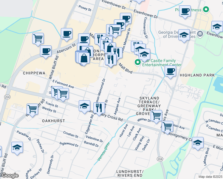 map of restaurants, bars, coffee shops, grocery stores, and more near 302 Eugene Street in Savannah