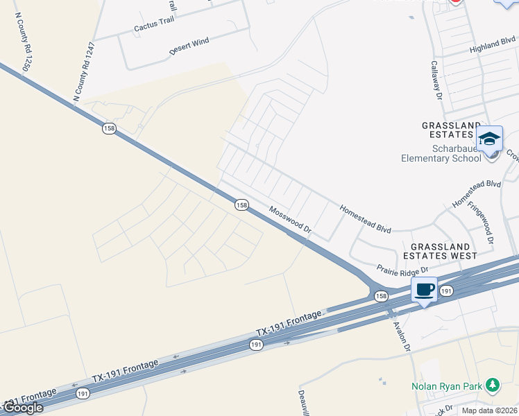 map of restaurants, bars, coffee shops, grocery stores, and more near 6701 Mosswood Drive in Midland