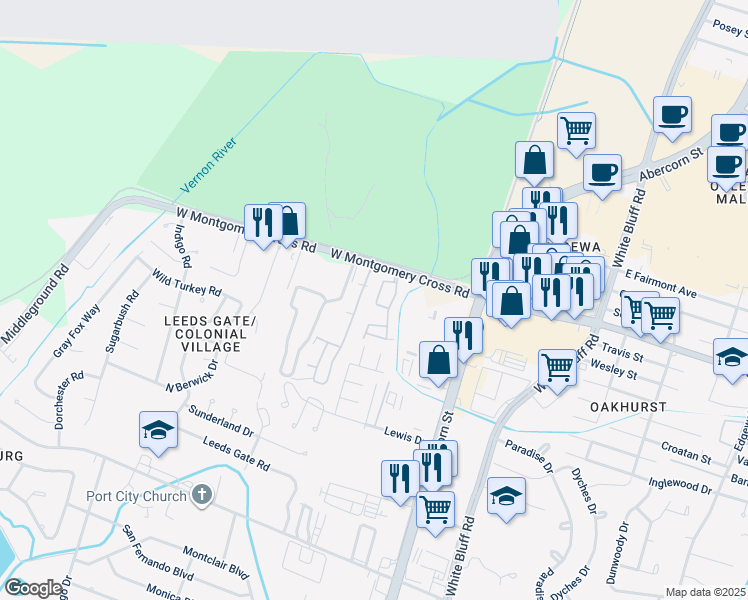 map of restaurants, bars, coffee shops, grocery stores, and more near 201 West Montgomery Cross Road in Savannah