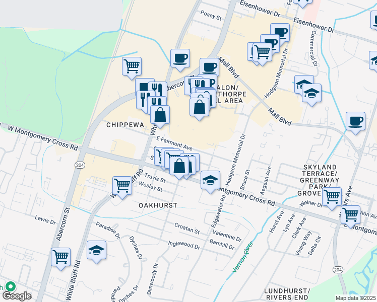 map of restaurants, bars, coffee shops, grocery stores, and more near 103 East Fairmont Avenue in Savannah
