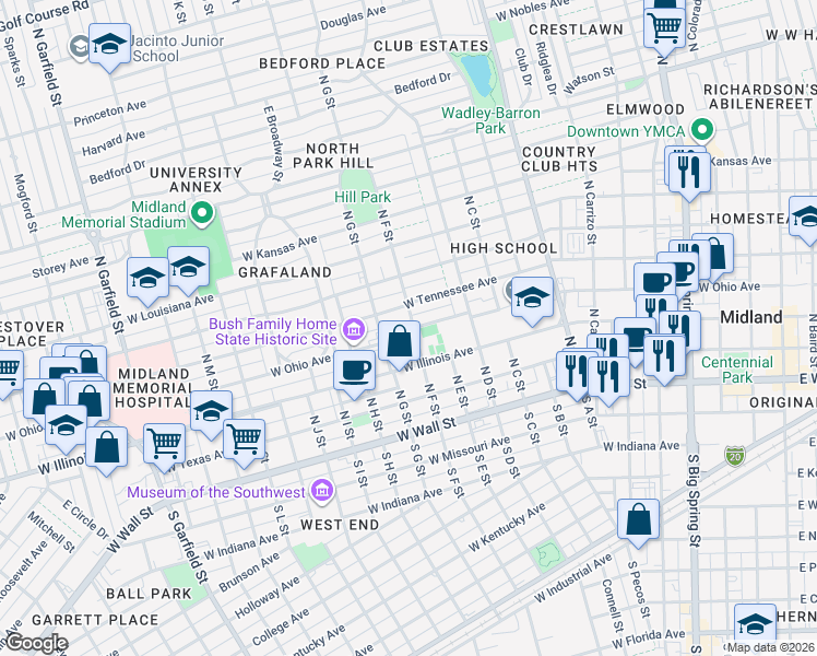 map of restaurants, bars, coffee shops, grocery stores, and more near 1210 West Ohio Avenue in Midland
