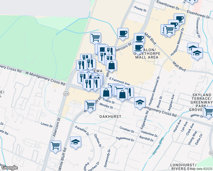 map of restaurants, bars, coffee shops, grocery stores, and more near 8306 White Bluff Road in Savannah