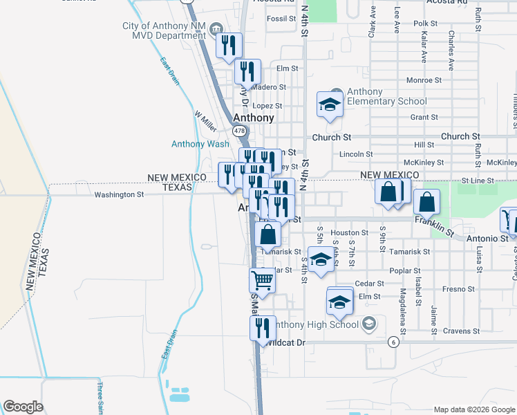map of restaurants, bars, coffee shops, grocery stores, and more near in Anthony