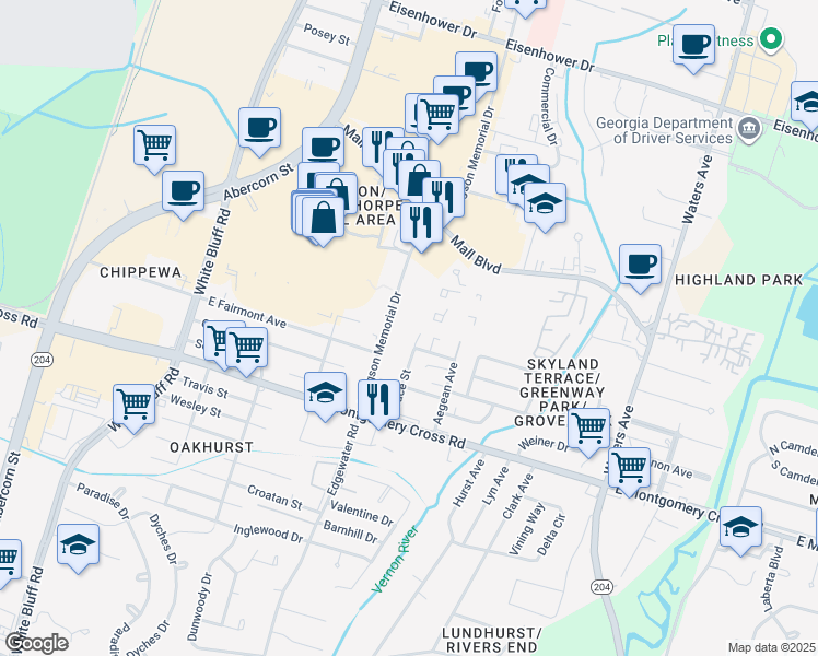 map of restaurants, bars, coffee shops, grocery stores, and more near 7370 Hodgson Memorial Drive in Savannah