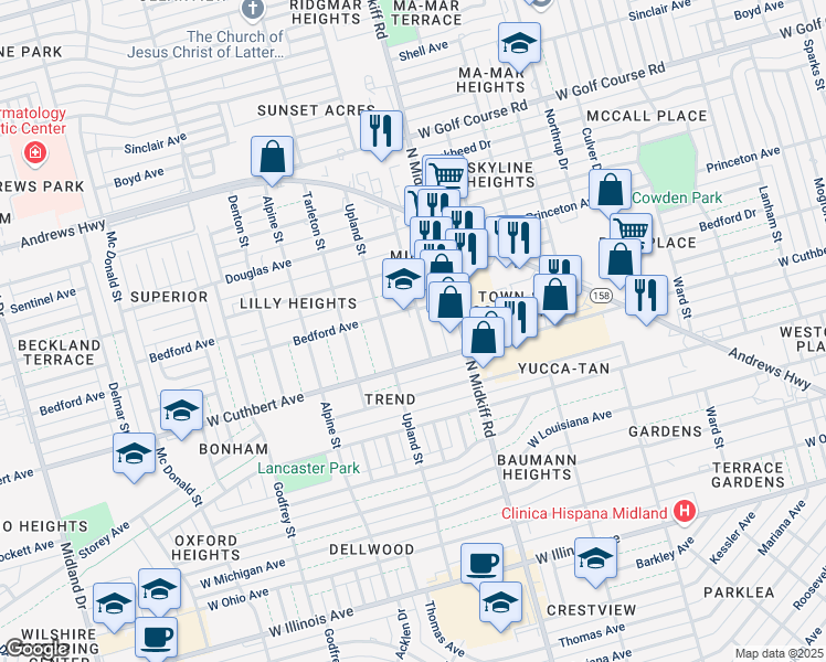map of restaurants, bars, coffee shops, grocery stores, and more near 1007 Austin Street in Midland