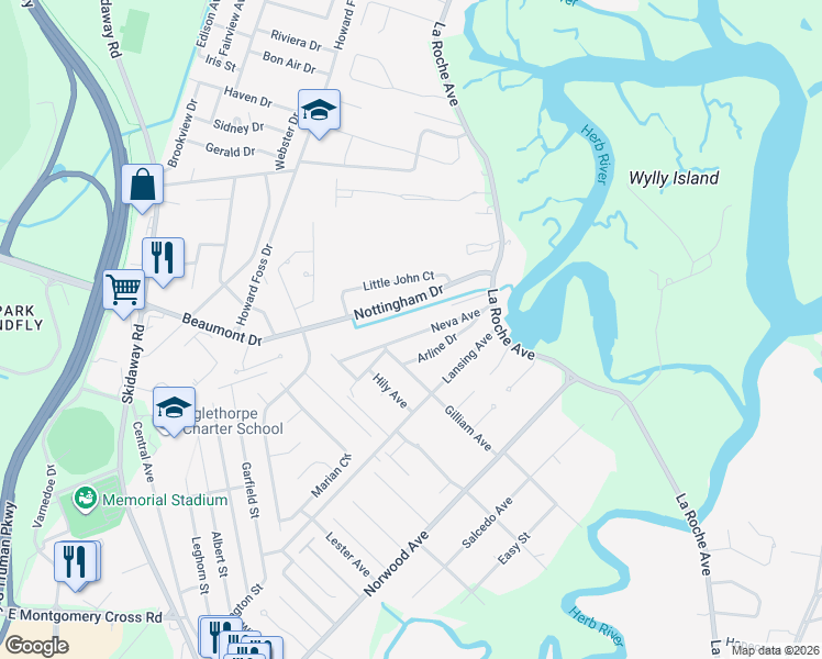 map of restaurants, bars, coffee shops, grocery stores, and more near 136 Neva Avenue in Savannah