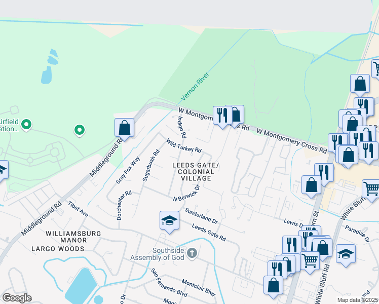 map of restaurants, bars, coffee shops, grocery stores, and more near 1 Wild Turkey Court in Savannah