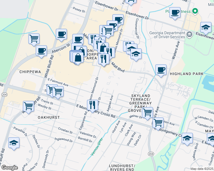map of restaurants, bars, coffee shops, grocery stores, and more near 302 Eugene Street in Savannah