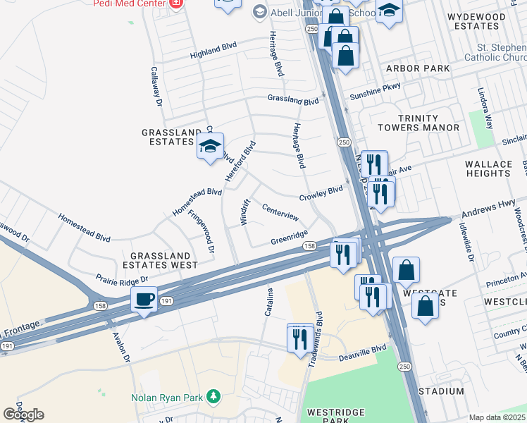 map of restaurants, bars, coffee shops, grocery stores, and more near 2005 Centerview in Midland
