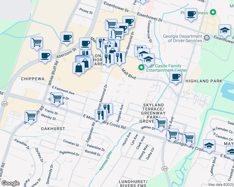 map of restaurants, bars, coffee shops, grocery stores, and more near 302 Eugene Street in Savannah
