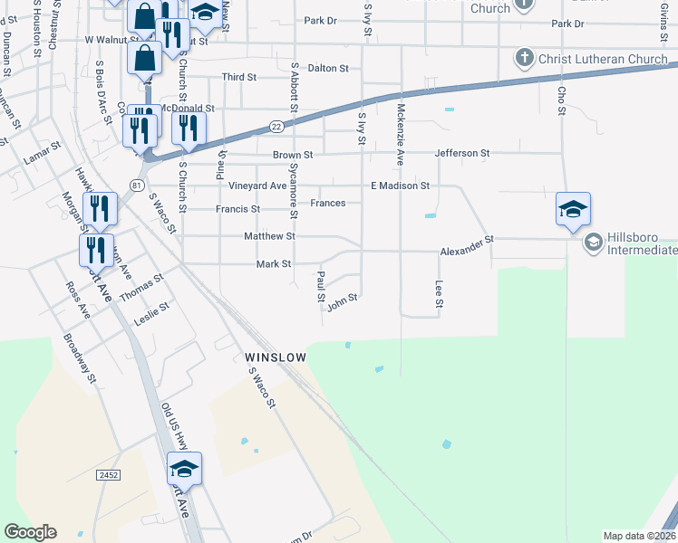 map of restaurants, bars, coffee shops, grocery stores, and more near 429 Luke Street in Hillsboro