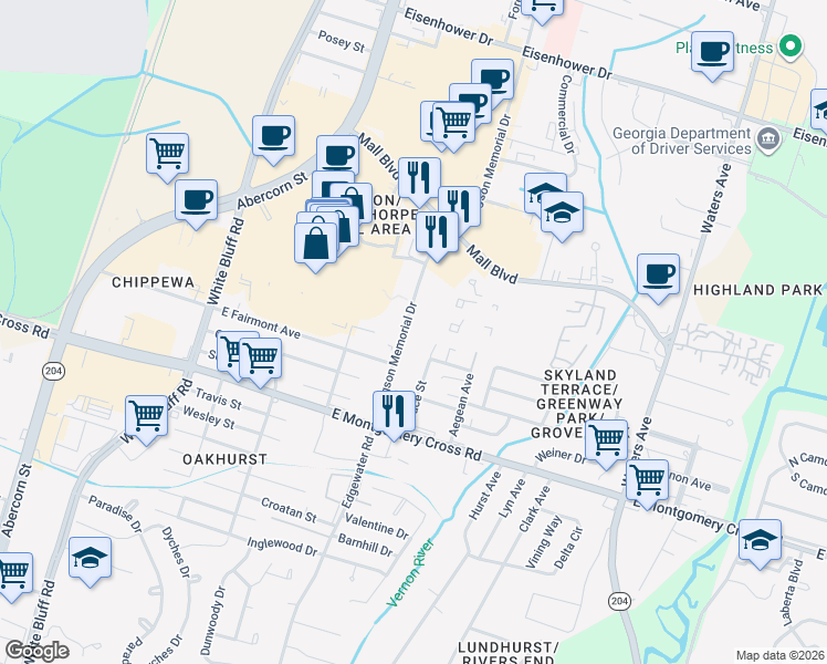map of restaurants, bars, coffee shops, grocery stores, and more near 7391 Hodgson Memorial Drive in Savannah