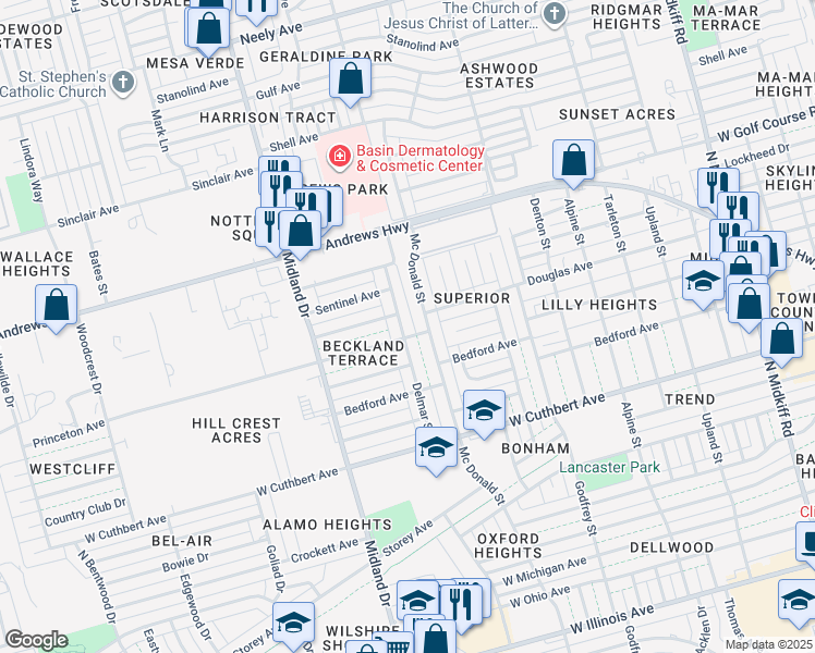 map of restaurants, bars, coffee shops, grocery stores, and more near 1402 Delmar Street in Midland