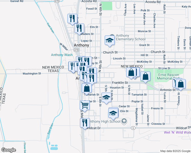 map of restaurants, bars, coffee shops, grocery stores, and more near 125 South 3rd Street in Anthony