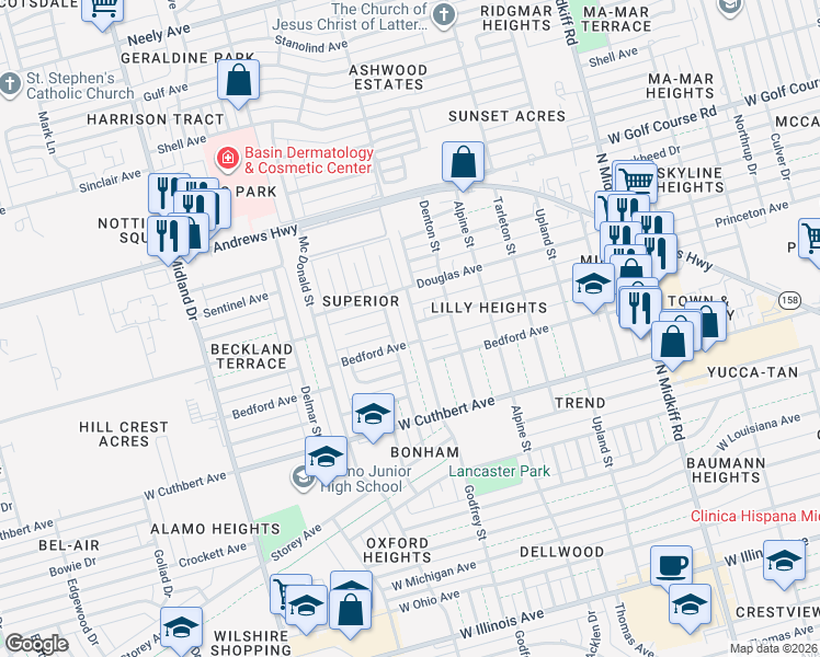 map of restaurants, bars, coffee shops, grocery stores, and more near 1307 Godfrey Street in Midland