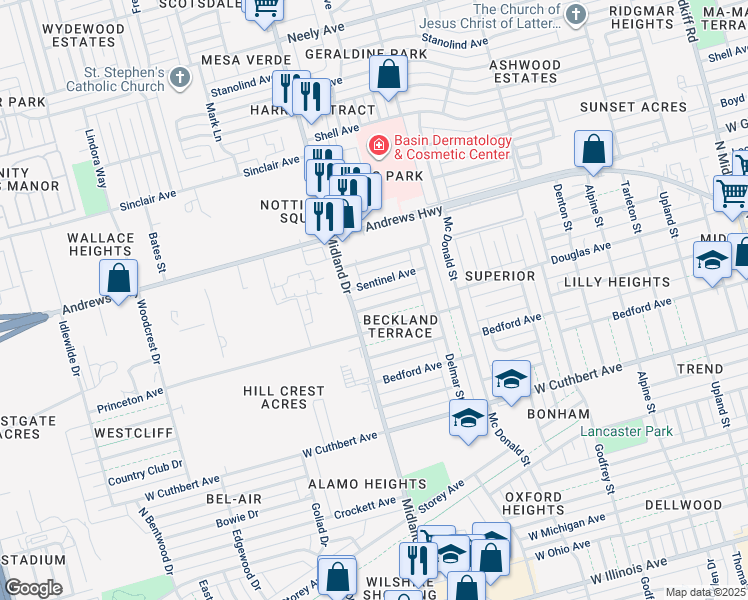 map of restaurants, bars, coffee shops, grocery stores, and more near 4318 Douglas Avenue in Midland