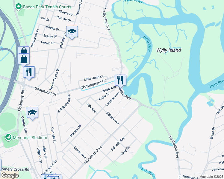map of restaurants, bars, coffee shops, grocery stores, and more near 23 Arline Drive in Savannah