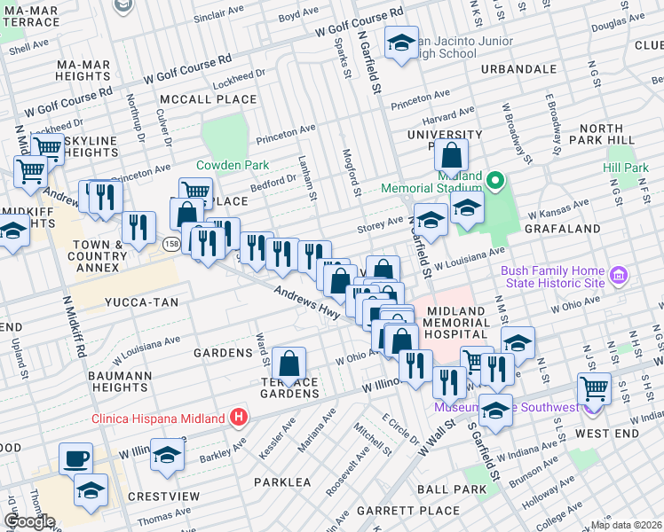 map of restaurants, bars, coffee shops, grocery stores, and more near 2405 W Kansas Ave in Midland