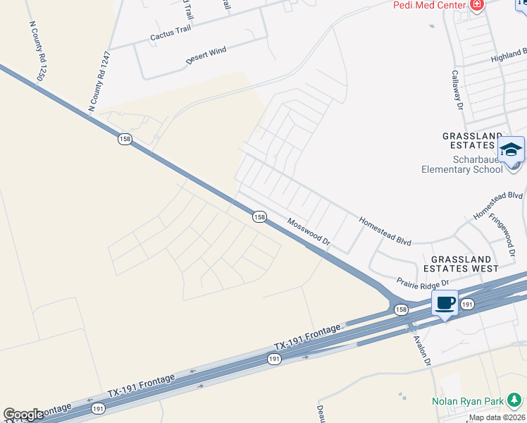 map of restaurants, bars, coffee shops, grocery stores, and more near 6709 Mosswood Drive in Midland