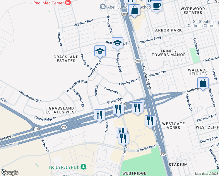 map of restaurants, bars, coffee shops, grocery stores, and more near 2005 Centerview in Midland