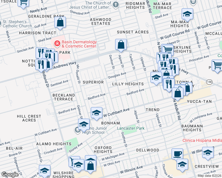 map of restaurants, bars, coffee shops, grocery stores, and more near 1307 Godfrey Street in Midland