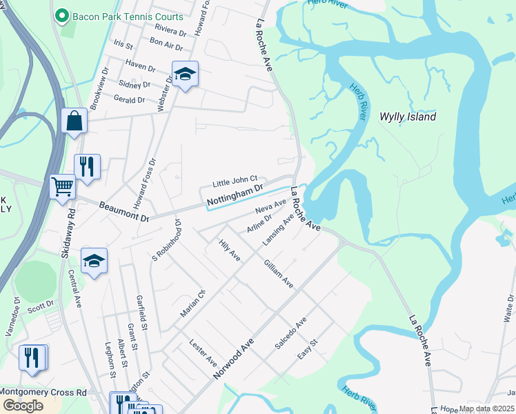 map of restaurants, bars, coffee shops, grocery stores, and more near 122 Neva Avenue in Savannah