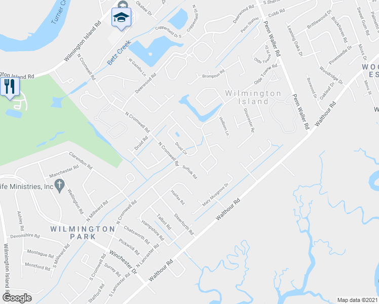 map of restaurants, bars, coffee shops, grocery stores, and more near 145 Druid Circle in Savannah