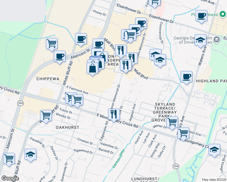 map of restaurants, bars, coffee shops, grocery stores, and more near 7391 Hodgson Memorial Drive in Savannah
