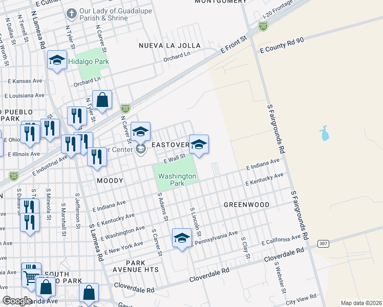 map of restaurants, bars, coffee shops, grocery stores, and more near 1798 East Wall Street in Midland