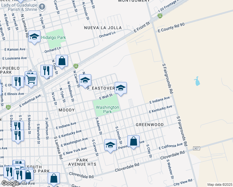 map of restaurants, bars, coffee shops, grocery stores, and more near 1800 East Wall Street in Midland