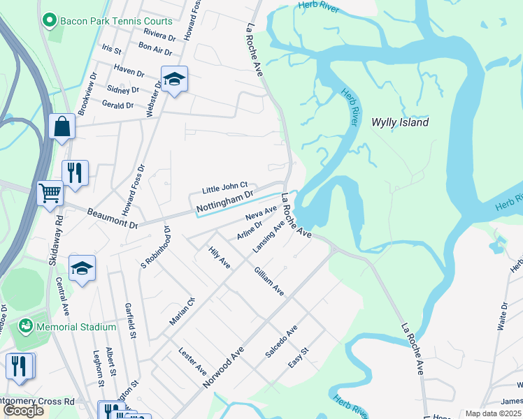 map of restaurants, bars, coffee shops, grocery stores, and more near 122 Neva Avenue in Savannah
