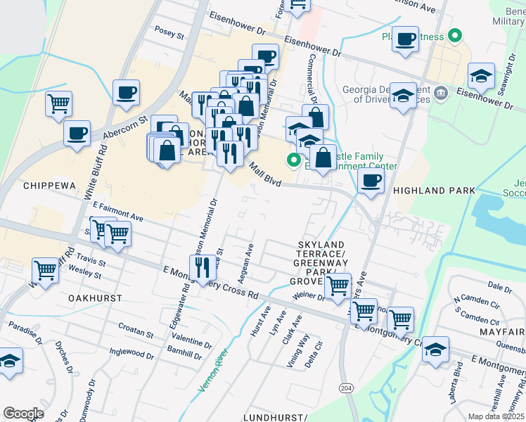 map of restaurants, bars, coffee shops, grocery stores, and more near 455 Mall Boulevard in Savannah