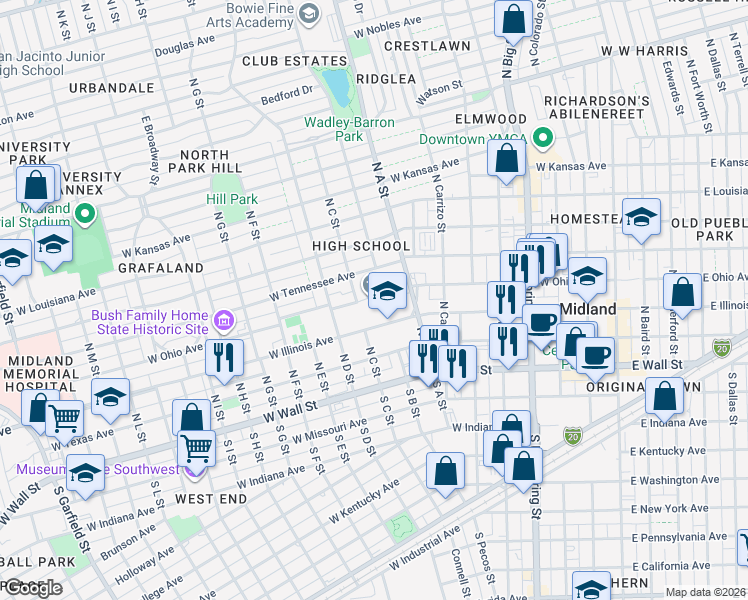 map of restaurants, bars, coffee shops, grocery stores, and more near 906 West Illinois Avenue in Midland