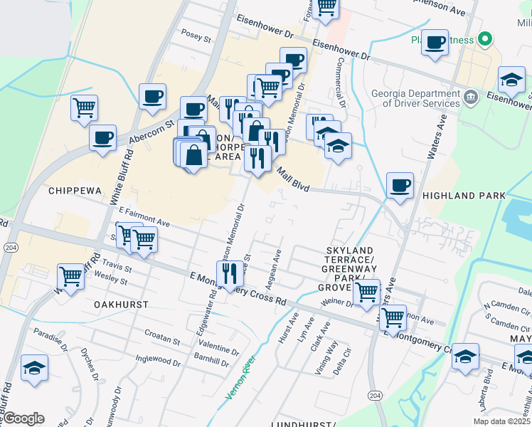 map of restaurants, bars, coffee shops, grocery stores, and more near 302 Eugene Street in Savannah