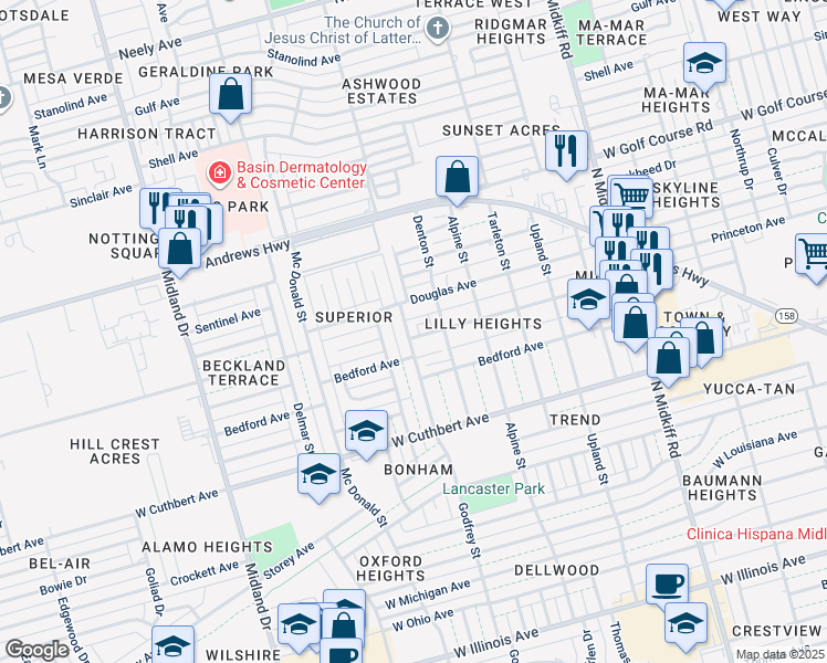 map of restaurants, bars, coffee shops, grocery stores, and more near 1300 Godfrey Street in Midland