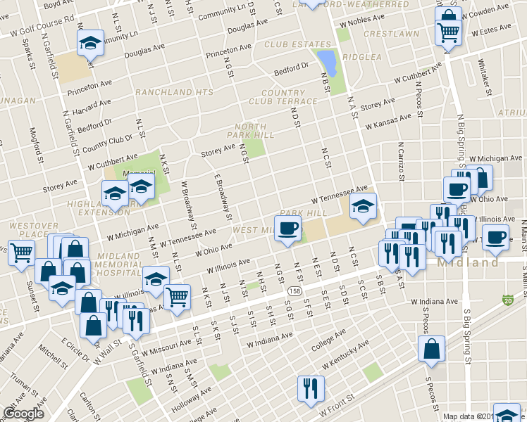 map of restaurants, bars, coffee shops, grocery stores, and more near 1310 West Tennessee Avenue in Midland