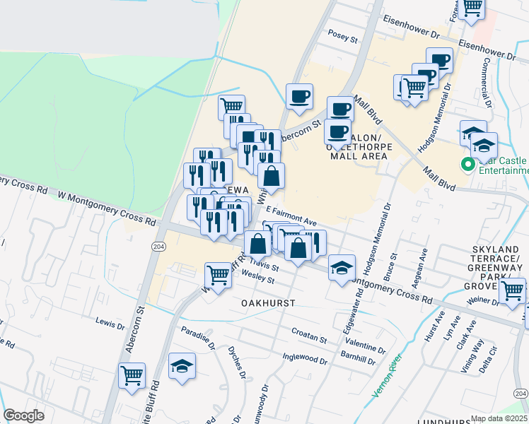 map of restaurants, bars, coffee shops, grocery stores, and more near 8306 White Bluff Road in Savannah