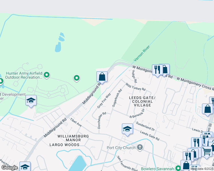 map of restaurants, bars, coffee shops, grocery stores, and more near 10441 Gray Fox Way in Savannah