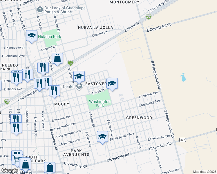map of restaurants, bars, coffee shops, grocery stores, and more near 1706-1798 East Wall Street in Midland