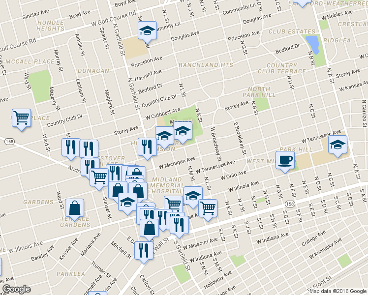 map of restaurants, bars, coffee shops, grocery stores, and more near 699 North M Street in Midland