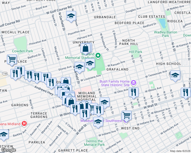 map of restaurants, bars, coffee shops, grocery stores, and more near 2000 West Louisiana Avenue in Midland